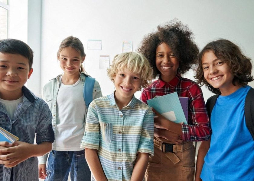 Group of students from different cultural backgrounds smiling together in a UAE classroom